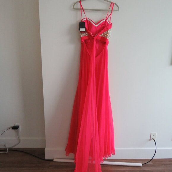 LA FEMME 18733 Beaded Bodice Chiffon Strapless Maxi Prom Dress Watermelon 4 NWT - Picture 9 of 15